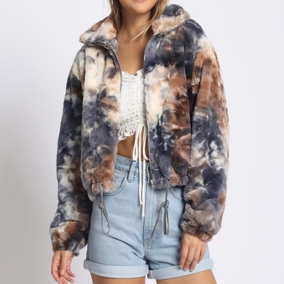 Sans Souci Jackets & Blazers - Blue and Brown Fuzzy Tie Dye Zip Up Jacket